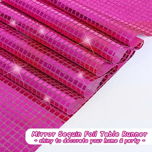 Vista 4 de Durony Paquete de 2 caminos de mesa disco de 11 x 108 pulgadas, espejo rosa intenso con laminado de purpurina y lentejuelas brillantes