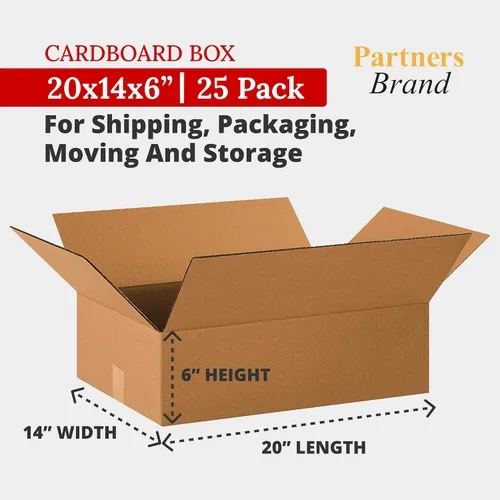 Vista 2 de Seleccione un tamaño: cajas planas marca Partners., Kraft, 25 Large Boxes 20"L x 14"W x 6"H Corrugated Cardboard for Home, Business, e-Commerce