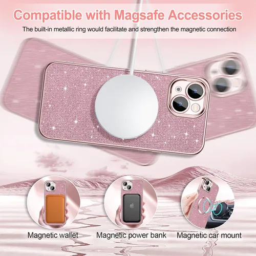 Vista 5 de Hython Funda para iPhone 15 Plus con purpurina, fundas magnéticas transparentes para teléfono con protector de lente de cámara