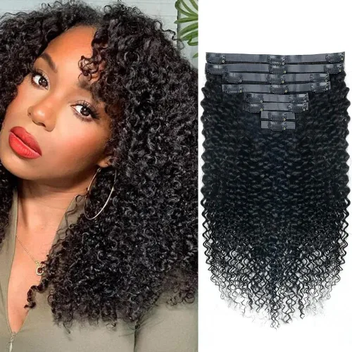 Vista 24 de Extensiones de cabello humano real rizado con clip, balayage, color marrón chocolate a rubio caramelo, 8 piezas con 18 clips, 4.23 oz/juego