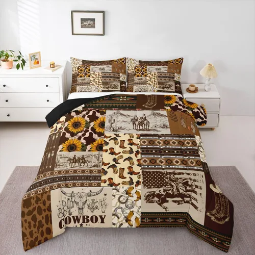 Vista 11 de Ropa de cama con estampado de vaca marrón tamaño individual, juego de edredón rústico de piel de vaca con calavera de vaca, relleno de edredón