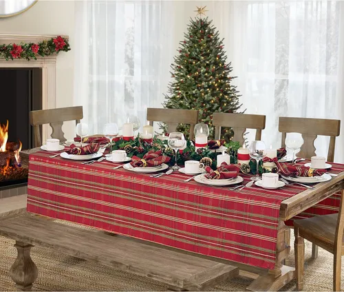 Vista 2 de Elrene Home Fashions Mantel de Tela a Cuadros Brillantes para Fiestas Navideñas, 60" x 84" Oblongo, Rojo