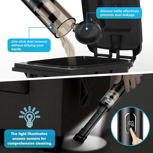 Vista 4 de Upbooz Aspiradora de mano inalámbrica con 14000 PA potente succión con luz LED, plumero de aire 2 en 1, aspiradora portátil recargable de bajo ruido