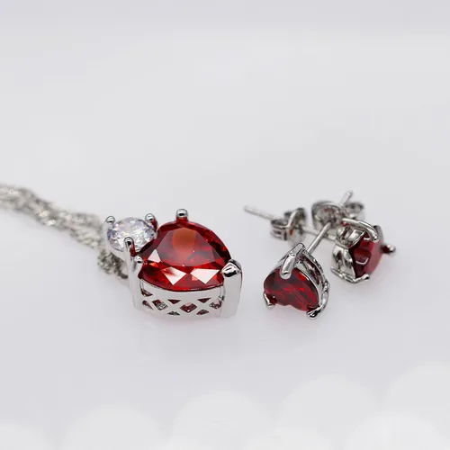 Vista 6 de Uloveido Collar de corazón de cristal rojo y pendientes conjunto de joyas de boda para mujeres BME53