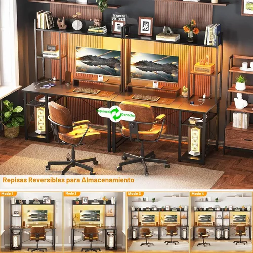 Vista 4 de Cyclysio Escritorio para juegos con gabinete, escritorio para computadora de 39 pulgadas con luces LED y tomas de corriente, escritorio de oficina