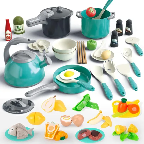 Vista 20 de Bruvoalon Juego de 32 juguetes de cocina para niños, accesorios de cocina con ollas, sartenes, utensilios de cocina, alimentos, verduras enlatadas
