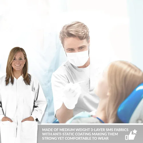 Vista 5 de Medical Nation Paquete de 10 abrigos de laboratorio desechables Abrigo de laboratorio duradero de 1.76 oz SMS hasta la rodilla, reutilizable