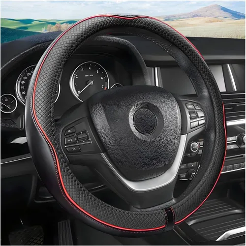 Vista 9 de Funda de cuero para volante, suave, transpirable, antideslizante, protector para automóvil, camión, SUV, ajuste universal de 15 pulgadas