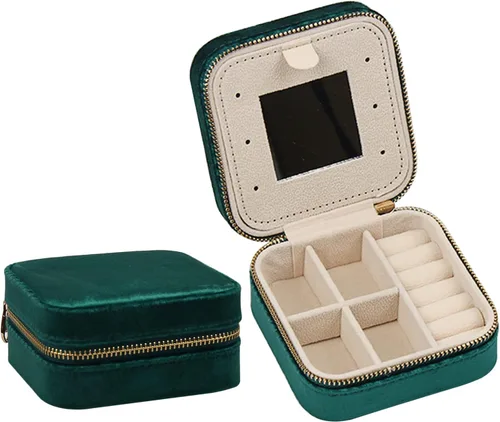 Vista 2 de Jwinkumy Mini organizador de joyas caja de viaje con espejo, portátil, pequeño, soporte de almacenamiento de terciopelo para anillos, aretes