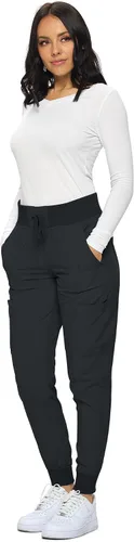Vista 3 de Pantalones quirúrgicos para mujer de Monarch Uniforms, pantalones quirúrgicos jogger de canalé para mujer Negro