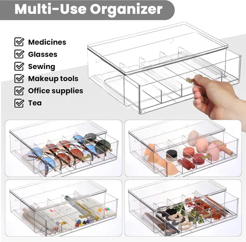 Vista 3 de LALOBLUE Clear Acrylic Sunglasses Organizer, Stackable Eyeglass Storage Case with Gold Handles, Glasses Display Holder