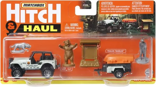 Vista 7 de Matchbox Hitch & Haul - Juego de vehículos fundidos a presión – Aventura de oso de navegación ~ Juego de 6 piezas ~ Coche CJ7 ~ Incluye arrastrero