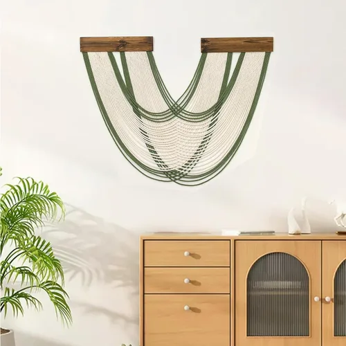 Vista 4 de Tapiz bohemio de macramé para colgar en la pared, tejido teñido anudado de fibra verde y blanca, hecho a mano, para colgar en la pared, grande