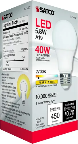 Vista 2 de Satco Bombilla LED A19 11402 de 5.8 W, repuesto de 40 W, blanco cálido 2700 K, 450 lúmenes