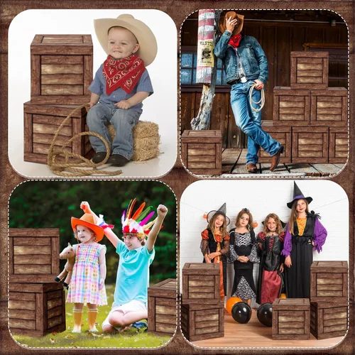 Vista 6 de Gilprop - 6 cajas de madera rústicas para decoración de fiesta de vaqueros, estilo vaquero Farmhouse Theme Photo Booth Props, Stackable Fake Wood