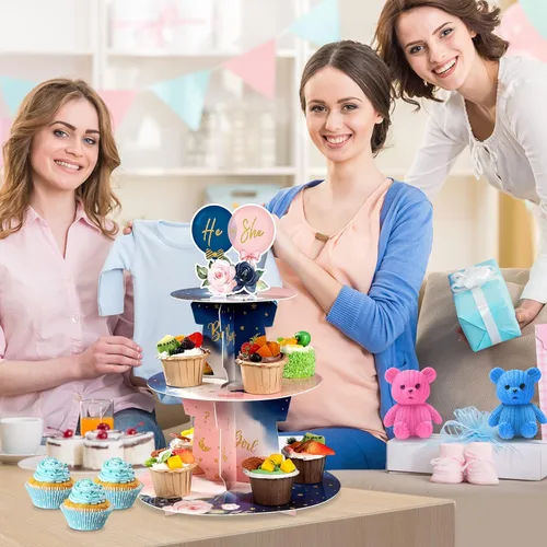 Vista 6 de Faccito Decoración de soporte para cupcakes para fiesta de revelación de género, azul y rosa de 3 niveles para baby shower, suministros de cartón