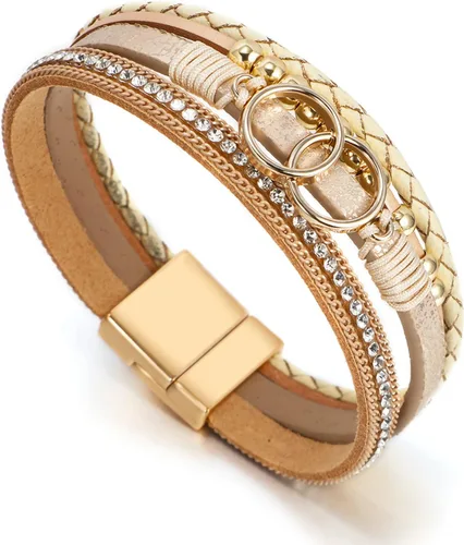 Vista 2 de Fesciory - Pulsera de leopardo para mujer, estilo bohemio de cuero multicapa con perlas de cristal