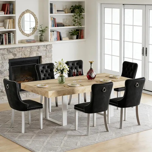 Vista 40 de Juego de mesa de comedor extensible de 5 piezas para 4, mesa de cocina de madera marrón de 63-78.7 pulgadas con 4 sillas acolchadas beige, juego