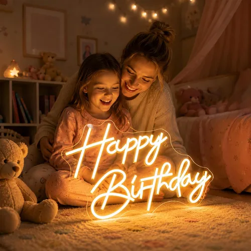 Vista 6 de Letrero de neón de feliz cumpleaños, luces de neón LED regulables, para fiesta de cumpleaños, letreros de neón para decoración de pared, alimentados