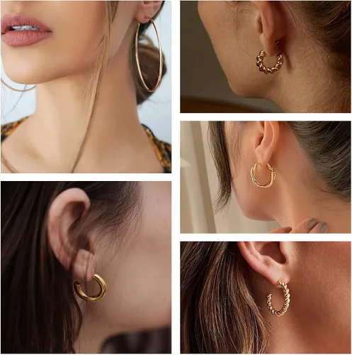 Vista 6 de 36 pares de aretes de aro dorados para mujeres y niñas, paquete múltiple de aretes de aro dorados gruesos, hipoalergénicos grandes y pequeños, juego