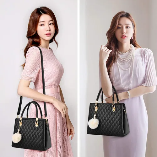 Vista 7 de Bolso de mano de cuero para mujer, bolso de hombro acolchado con asa superior para mujer con pompón