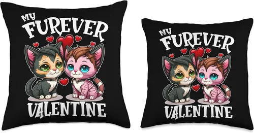 Vista 3 de My Fur-Ever Valentine Anime Valentine's Day Girls Cute Cat Throw Pillow
