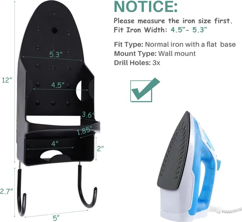 Vista 2 de Soporte de pared para tabla de planchar, colgador de hierro con estante para tabla de planchar, resistente al calor, soporte de pared para máximo 5