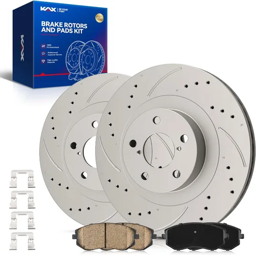 Vista 56 de Kit de freno delantero KAX, rotores de freno ranurados y con hendiduras, pastillas de freno cerámicas Compatible con Honda Accord 1990 1991 1992