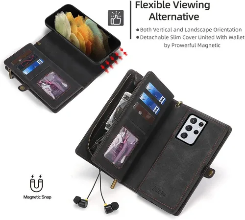 Vista 4 de Asuwish Funda de teléfono para Samsung Galaxy S21 Ultra 5G con cremallera, funda desmontable con protector de pantalla de vidrio templado