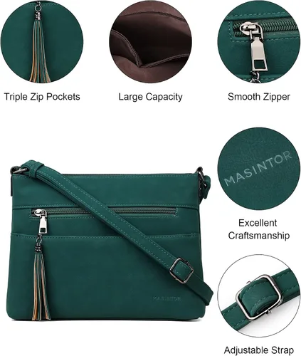 Vista 5 de MASINTOR Bolsos cruzados para mujer, bolso cruzado ligero y mediano, de cuero suave, bolsos de hombro para mujer con borla