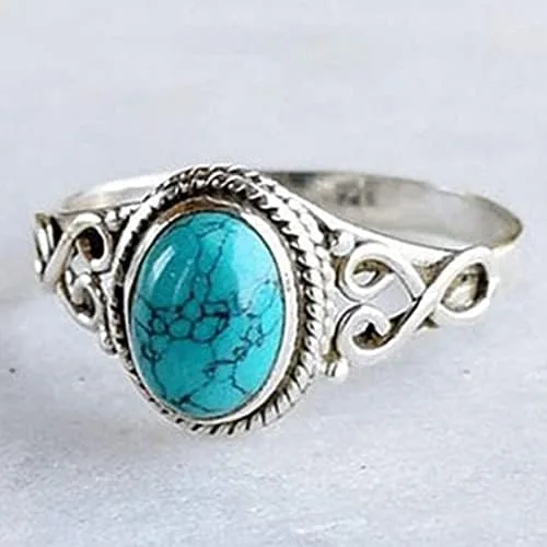 Vista 5 de Turquoise Moonstone Ring Women's 925 Sterling Silver Ring Oval Cut Natural Bohemia Turquoise Jewelry Birthday Proposal Hollow Engagement Party Band