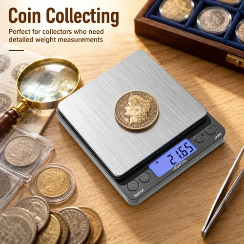 Vista 7 de SKEAP Báscula digital para joyeros y coleccionistas, escala digital de monedas con pantalla LCD retroiluminada, función de tara, ideal para piedras