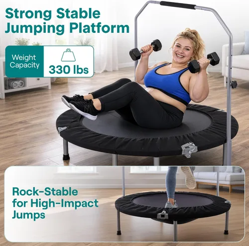 Vista 2 de SereneLife 40" Foldable Mini Trampoline for Adults - Compact Fitness Rebounder with Adjustable Foam Handle, Exercise Trampoline with Max Load