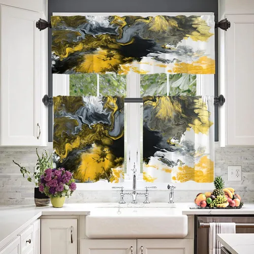 Vista 2 de BaoNews Cenefas de cocina abstractas con patrón de agua amarillo para ventanas, cortinas opacas de poliéster multicapa para cocina, dormitorio