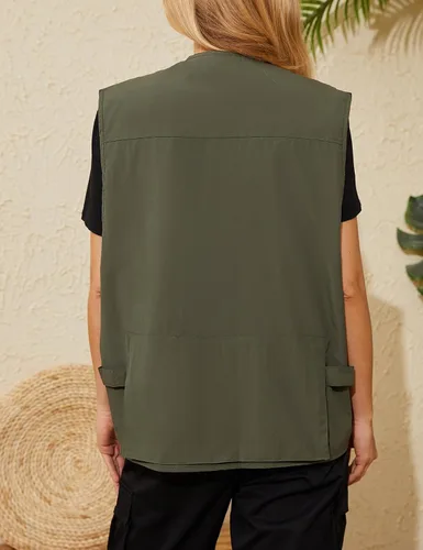 Vista 6 de Wyeysyt Chaleco de pesca para mujer, chaleco de viaje para trabajo al aire libre con múltiples bolsillos