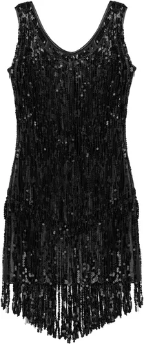 Vista 4 de Aislor Vestido de baile latino para mujer, con borlas y lentejuelas, vestido de baile de tango Negro