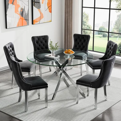 Vista 112 de Juego de mesa de comedor de cristal plateado moderno de 47 pulgadas para 2, juego de mesa de comedor de cocina redonda de 3 piezas con patas