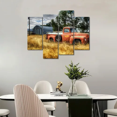 Vista 6 de Arte de pared de camión viejo en rojo y árboles y hierbas secas en campo, decoración de pared, cuadros impresos en lienzo, la imagen para decoración