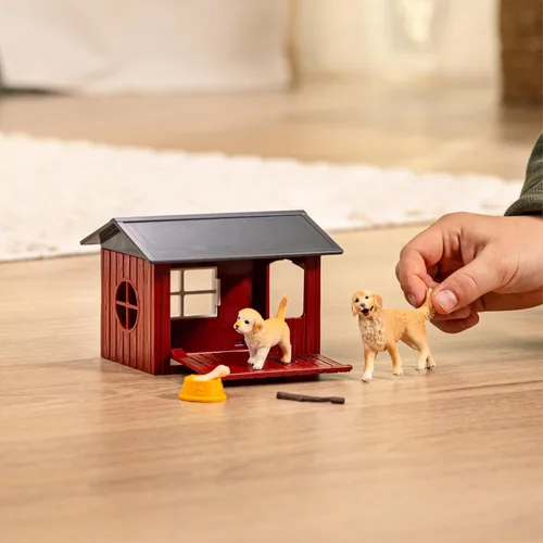 Vista 2 de Schleich Farm World - Juego de 6 piezas de perrera de juguete con Golden Retrievers para niños. Juguetes de animales de granja para niños y niñas.