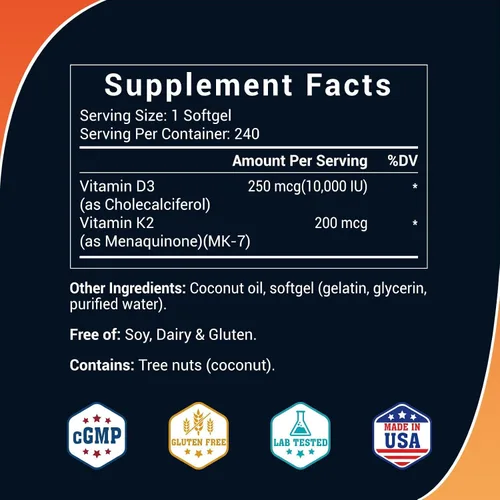 Vista 2 de Vitamina D3 K2 10000 UI Softgels 120 Coco, Apoyo a los Huesos Inmune 120 coconut oil softgels with K2 (MK-7) 200mcg. Supports calcium absorption