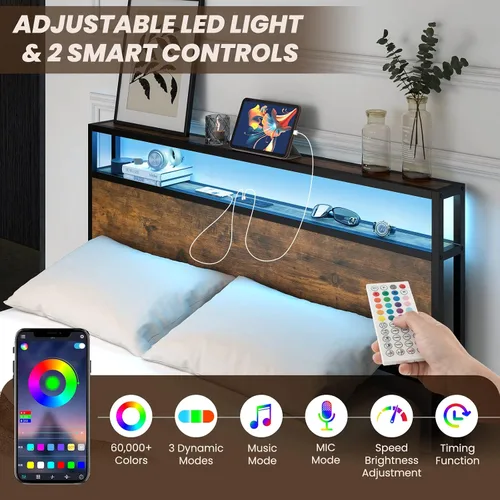 Vista 5 de Giantex Base de cama matrimonial con cabecero de luces LED y 4 cajones de almacenamiento, plataforma de metal con tomas de corriente y puertos USB