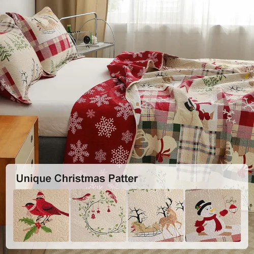 Vista 3 de Juego de colchas navideñas de tamaño queen, reversible, ropa de cama de Navidad rústica, colcha de cabaña, a cuadros, colcha transpirable, reno