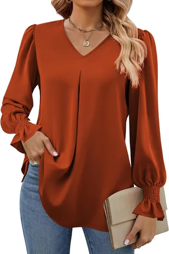 Vista 25 de Funlingo Blusas de mujer con mangas largas 2025, elegantes y casuales, con cuello en V, túnica suelta de gasa para el trabajo