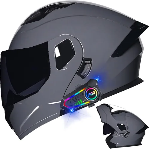 Vista 30 de Casco modular Bluetooth para motocicleta, aprobado por DOT, de cara completa, abatible, antivaho, doble visera, casco de motocicleta de calle, LENTE