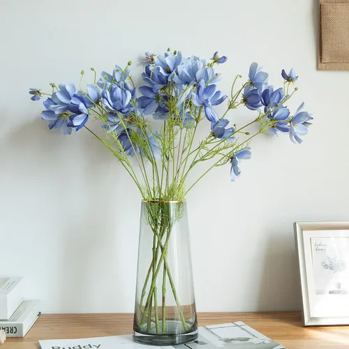 Vista 4 de Cosmos artificiales de flores silvestres, 6 piezas de tallo largo para boda, novia, bricolaje, ramo de decoración del hogar, centros de mesa (azul)