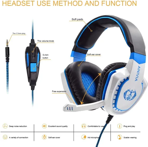 Vista 5 de Anivia Auriculares sobre la oreja para computadora con cable con micrófono, auriculares estéreo de 0.138in para juegos con graves, sonido