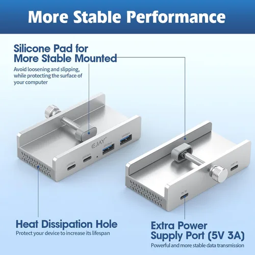 Vista 5 de EJAY 4 puertos 10Gbps USB-C HUB USB3.2 Abrazadera USB HUB Splitter,adaptador USB-C montable con cable de datos y alimentación para iMac 2021