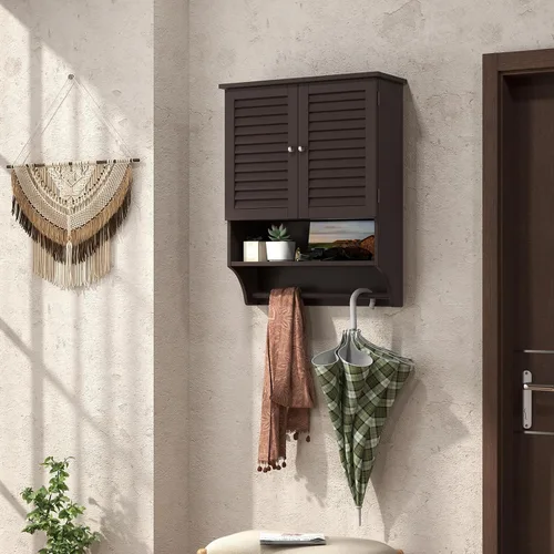 Vista 5 de Tangkula Armario de baño montado en la pared con estante abierto y barra, botiquín con puertas de doble rejilla, estante ajustable, armario
