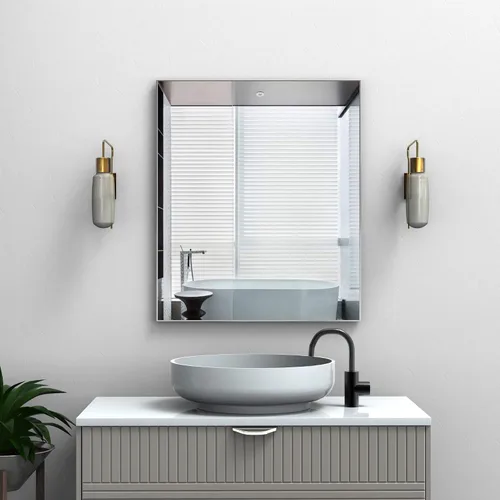 Vista 30 de Espejo de pared con estante para baño, 28 x 18 pulgadas, marco negro, espejos de pared para colgar horizontal o vertical, espejos modernos de pared