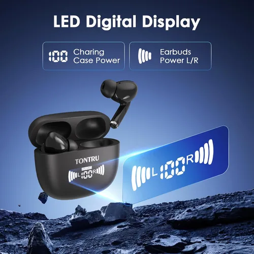 Vista 7 de Auriculares inalámbricos, auriculares Bluetooth 5.3 con reducción de ruido ENC/ANC, pantalla LED de potencia, control táctil, resistentes al agua